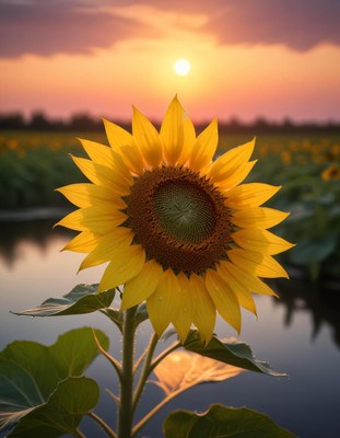 Sunflower at sunset over tranquil field