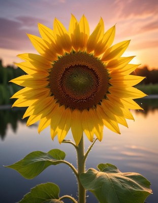 Sunflower blooming at sunset by tranquil water