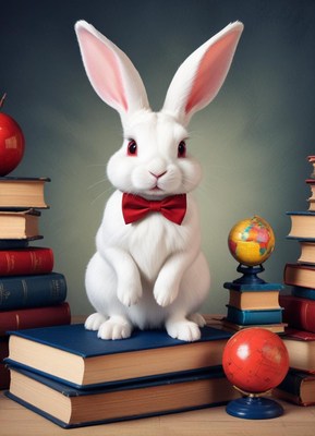 White rabbit with bow tie surrounded by books and globes
