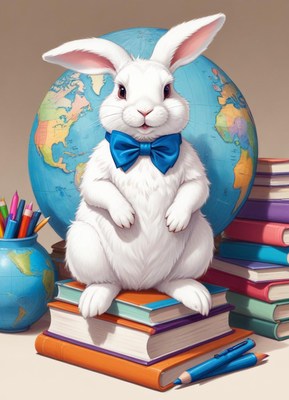 White rabbit in a bow tie with globe and books