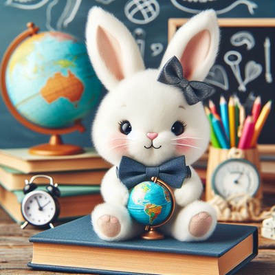 Adorable bunny toy holding globe on bookshelf