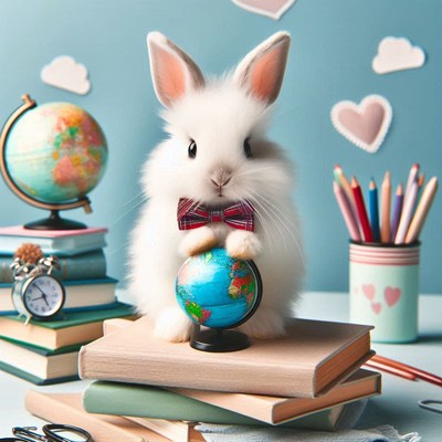 Cute rabbit holding globe on stack of books