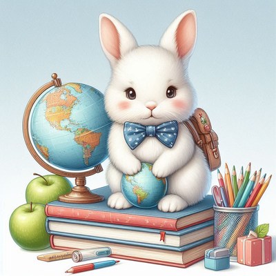 Cute rabbit with globe and school supplies in classroom