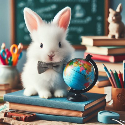 Cute white rabbit with bow tie and globe on books
