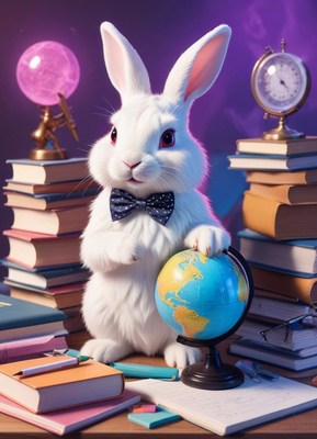 White rabbit in bow tie studies world at desk