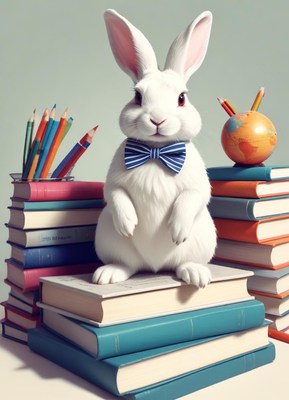 Rabbit wearing bowtie surrounded by books and supplies