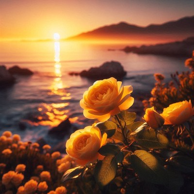 Golden roses at sunset over the ocean