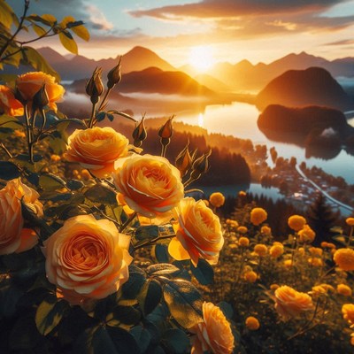 Golden roses blooming at sunset over serene lake