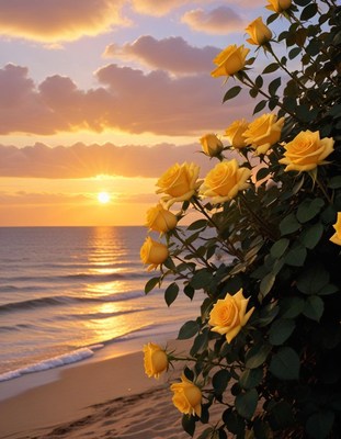 Yellow roses against sunset over tranquil ocean