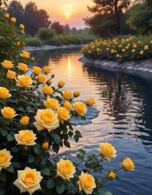 Yellow roses by the river at sunset