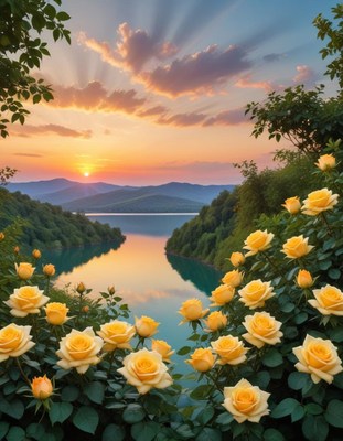 Sunset over serene river surrounded by yellow roses