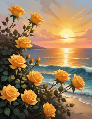 Yellow roses blooming by sunrise on the beach