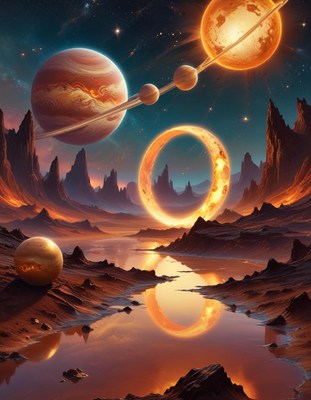 Celestial landscape with planets and rings at dusk
