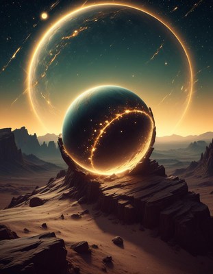 Celestial sphere on rocky landscape at dusk