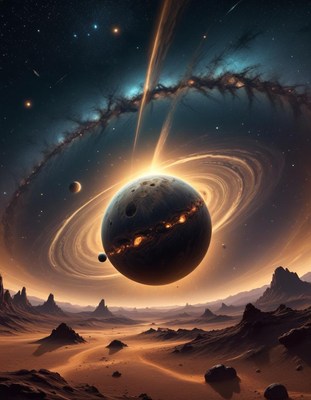 Celestial landscape with saturn and galactic rings