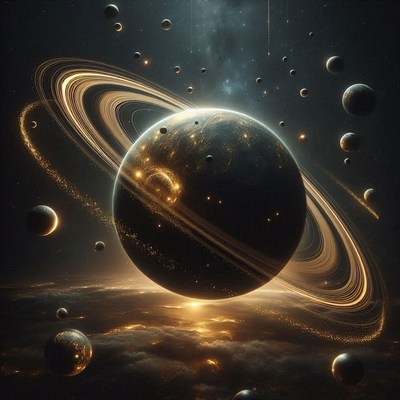 Cosmic night with rings and planets in space