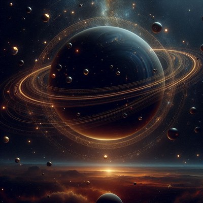 Night sky with planet and rings over cosmic landscape