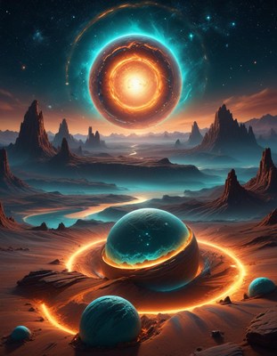 Celestial landscape with surreal planets and stars