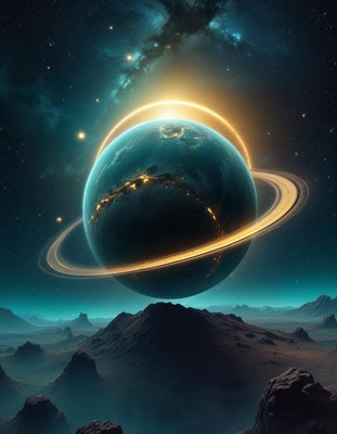 Glowing planet with ring system above rocky landscape