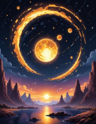 Celestial landscape with twin suns and distant planets