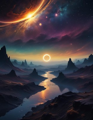 Galactic landscape with celestial bodies and river at dusk