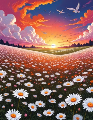 Sunset over a field of daisies with birds in flight