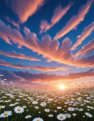 Sunset over a field of daisies in spring sky