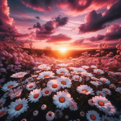 Daisies blooming under colorful sunset sky