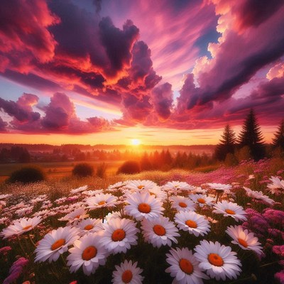 Sunset over flower field with colorful sky