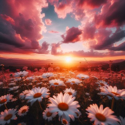 Sunset over daisy field in early summer