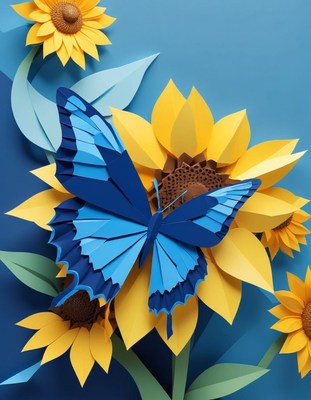 Blue butterfly among sunflowers in bright artwork