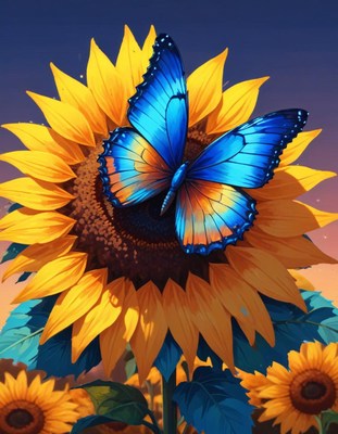 Vibrant blue butterfly on sunflower at sunset