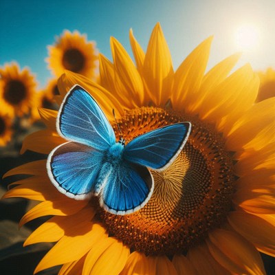 Blue butterfly on bright sunflower at sunset