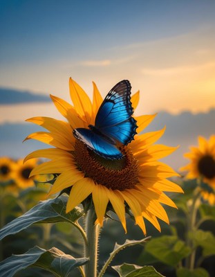Blue butterfly on sunflower at sunset in a field