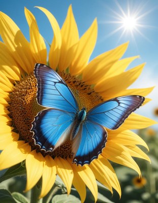 Blue butterfly resting on sunflower under bright sky