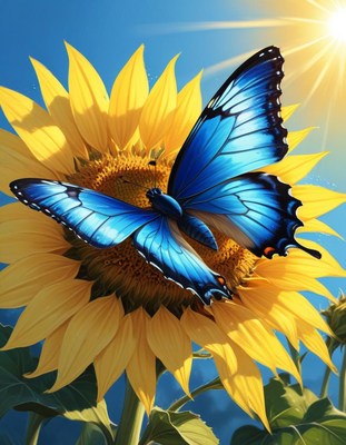 Blue butterfly on sunflower under bright sky