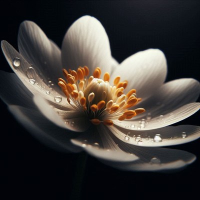 Delicate white flower with droplets in soft lighting
