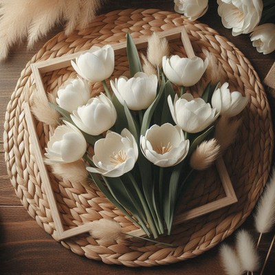 White tulips arrangement on woven mat