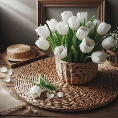 White tulips in a woven basket on a rustic table