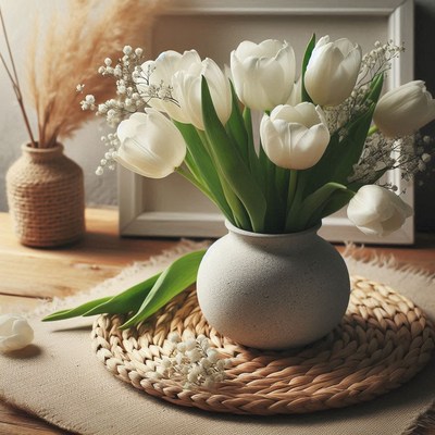 Elegant white tulips in a simple vase on rustic table