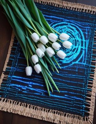 White tulips on a blue woven mat with fringe