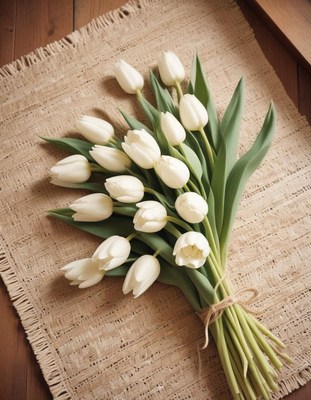 White tulip bouquet on rustic fabric