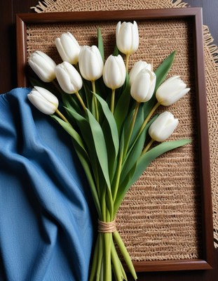 White tulips arranged on a woven mat with blue fabric