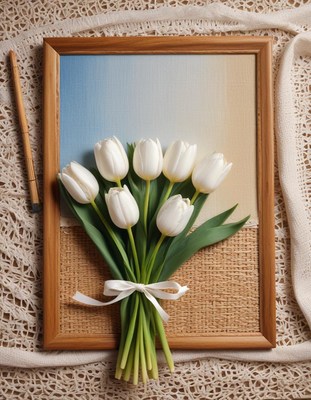 White tulips against abstract beige and blue background