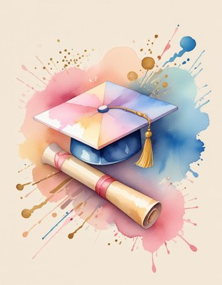 Graduation cap and diploma with colorful background