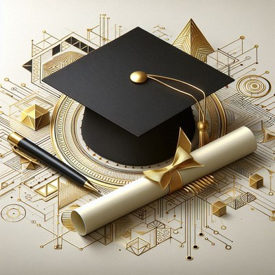 Graduation cap and diploma with geometric background