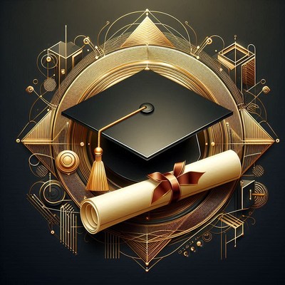 Graduation cap and scroll design with geometric elements