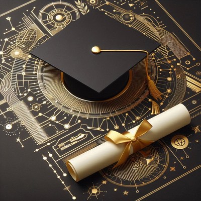 Graduation cap and diploma on elegant background