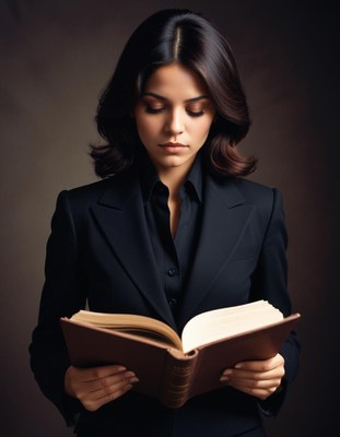 Woman in suit reading book against dark background