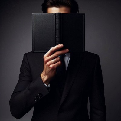 Businessman holding black book in dark studio setting